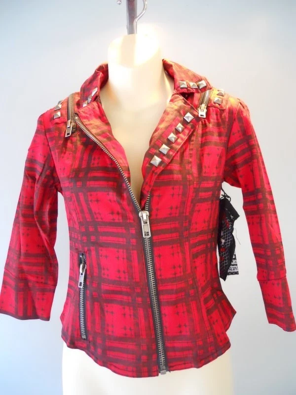 Jaqueta Nos Lip Service xadrez vermelha pirâmide cravejada corrosão de conformidade punk XS - Imagem 2 de 4