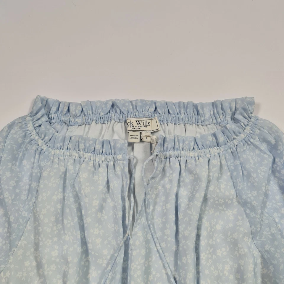 Jack Wills Womens Dress Light Blue 8 UK Floral Prairie Bardot Tie Front Mini - Image 2 of 4