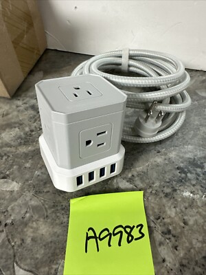 Tech Impressions Power Strip Cube 5 AC Outlet & 4 USB Surge Protector White Grey