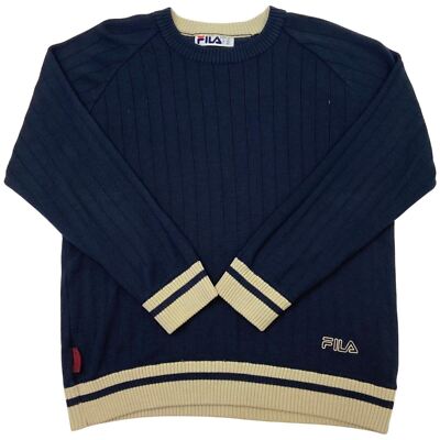 Vintage 90s Navy Blue Cream Embroidered Fila Knit Sweater L | eBay