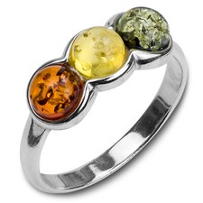 925 Solid Sterling Silver Multicolor Baltic Amber Round Designer Classic Ring