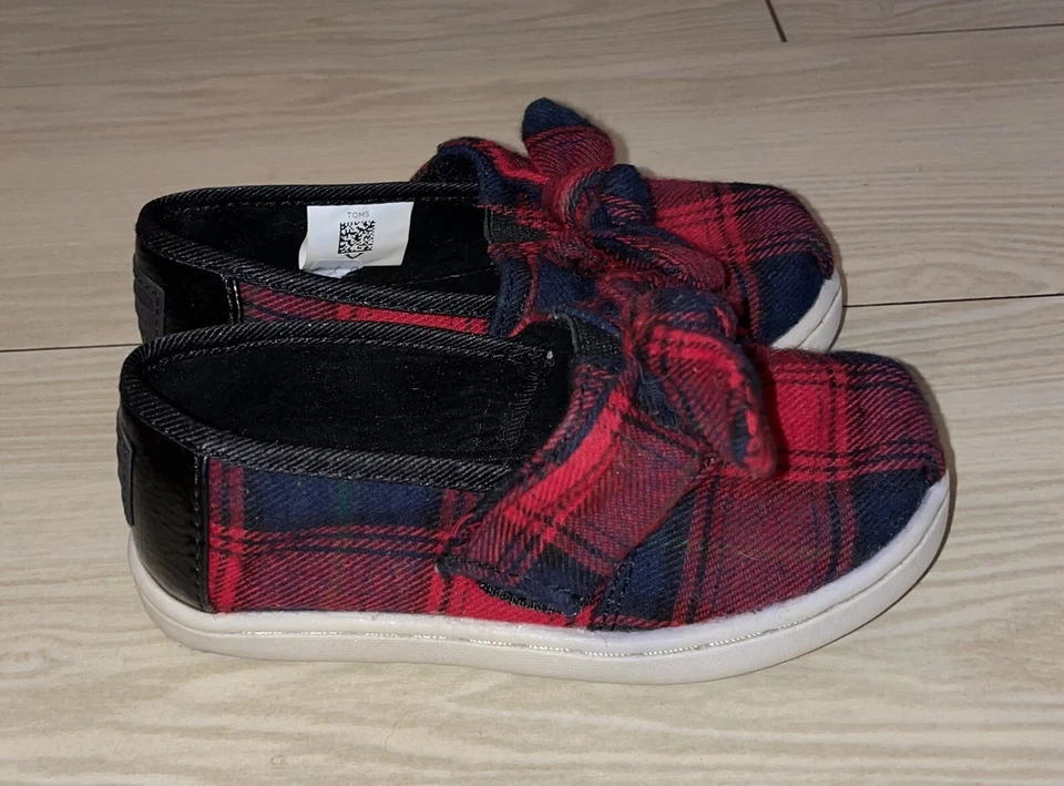 Mocassim xadrez Toms clássico vermelho tartan fechamento lateral arco meninas criança T7 - Imagem 3 de 3