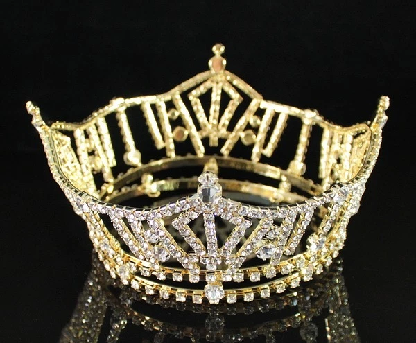 MISS AMERICA FULL CROWN CLEAR AUSTRIAN RHINESTONE HAIR TIARA PAGEANT T1297 GOLD - Image 2 of 4