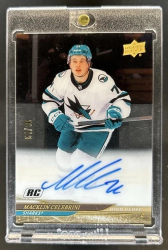 2024-25 Upper Deck Clear Cut Macklin Celebrini RC High Gloss Auto #/10 Sharks