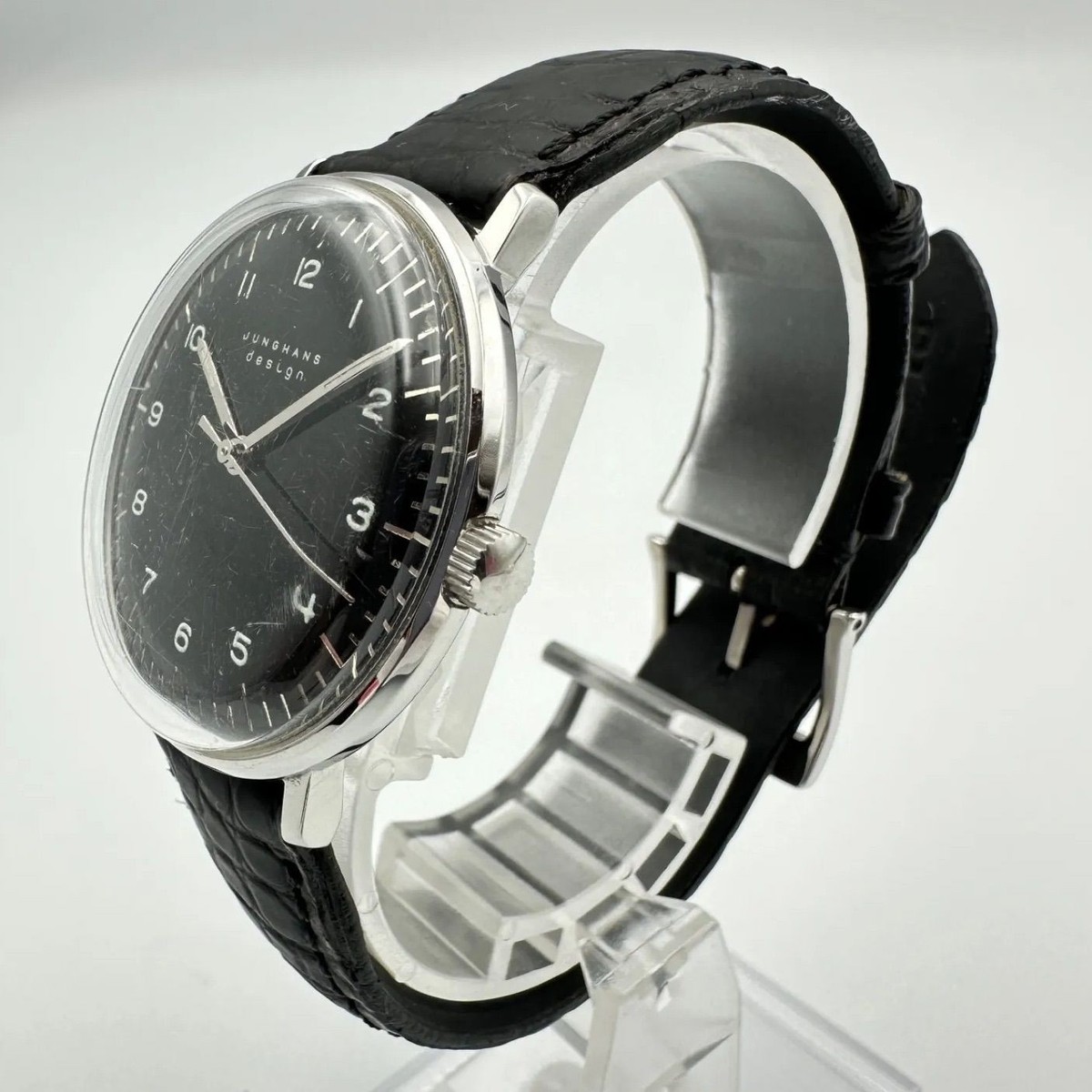 Junghans Max Bill Hand Winding Watch Black Dial SS Leather