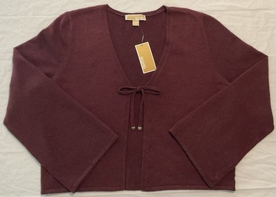 Womens Michael Kors Open Front Tie Cardigan Sweater Merlot Burgundy Size XL