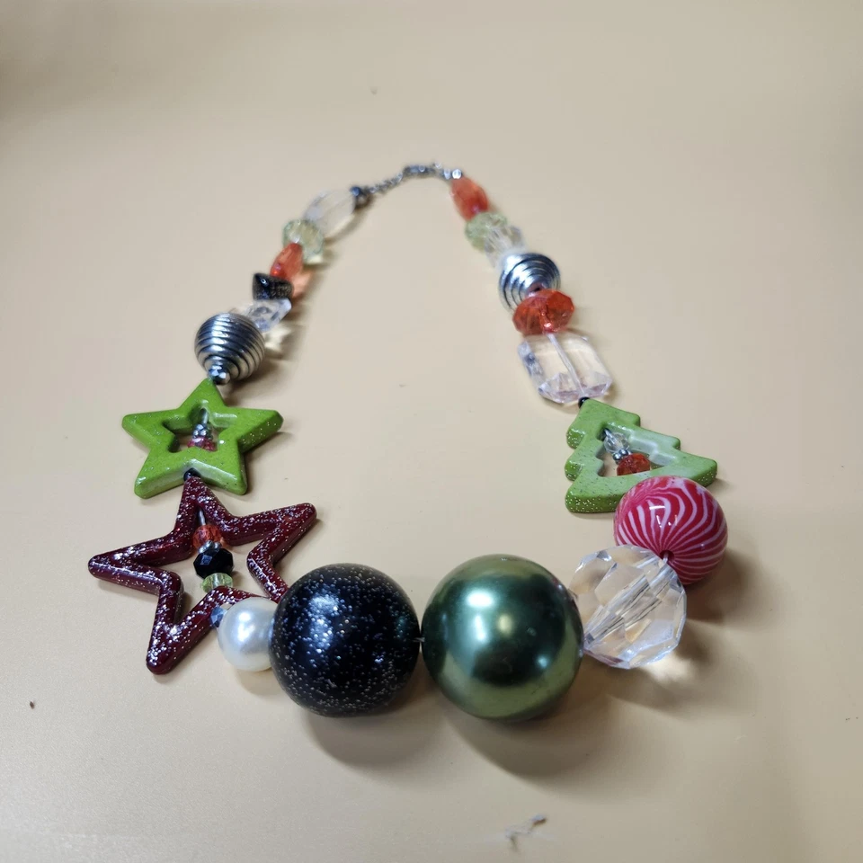 Chunky Christmas Necklace Holiday Beads Stars Trees Large Statement Jewelry Gift - Image 2 of 4