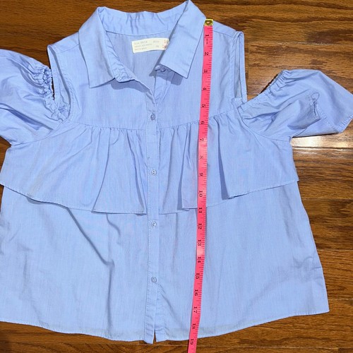 Zara Girls Blue Ruffle Cold Shoulder Short Sleeve Button Up Top Size 10 - Picture 9 of 9