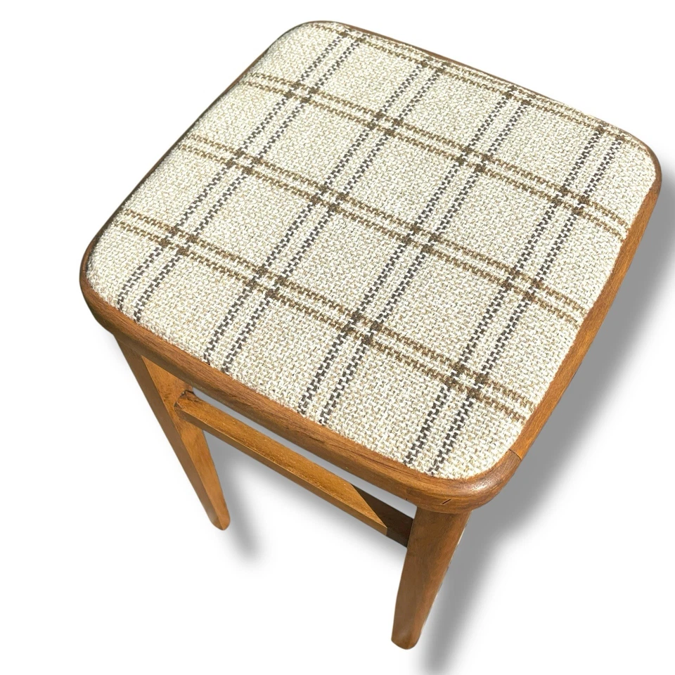 Single Vintage Retro Solid Wooden Mid Century Modern Fabric Kitchen Stool Seat - Image 3 of 4
