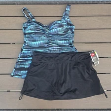 TYR Women Black/teal Twisted Tiger Top & Solid Black Swim Skort Sz M New Sample
