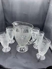 VTG Jeanette Glass Iris & Herringbone 9” Pitcher And 6 Footed Tumblers