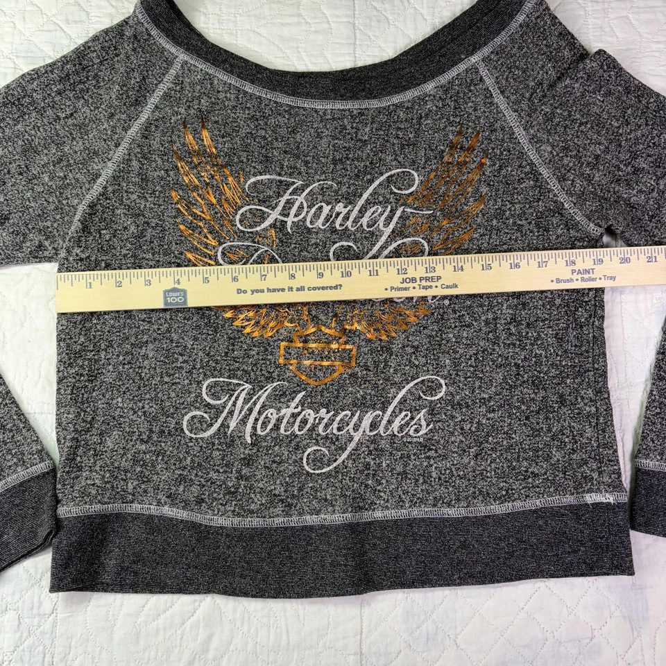 Harley-Davidson Sweatshirt Womens Large Gray Off Shoulder Wide Neck Wings Logo - Image 3 of 4