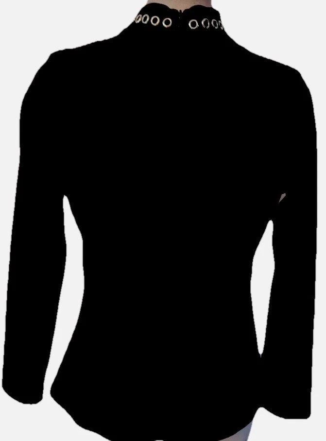 Blusa Camisa Rocker Retro Escote Gargantilla Ojales Negro Plateado Venus Top L Usada en Excelente Condición Foto 3 de 4