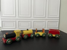 Vintage Wooden Train Set of 4 Pieces Multi Color All Wheels Roll.