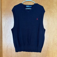 VTG Polo Ralph Lauren Navy Blue Cotton V-Neck Sweater Vest XXL Red Pony Logo