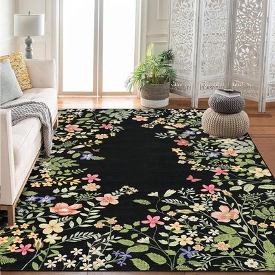 Multicolor Floral Runner Rug, Non Slip Washable Low Pile for Hallway Kitchen