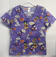 Disney Halloween Scrub Top Women's Small Mickey Mouse Mummy 3 Pockets Purple EUC