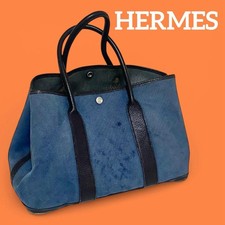 HERMES Garden Party PM Blue Dyed Canvas Leather Tote Bag Rare Color Authentic