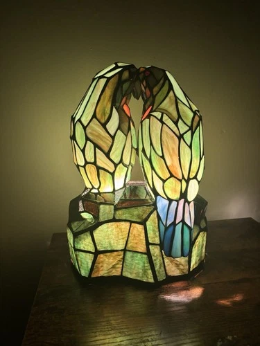 Vintage Tiffany Style Stained Glass Look Love Birds Parrots Table Lamp 11"