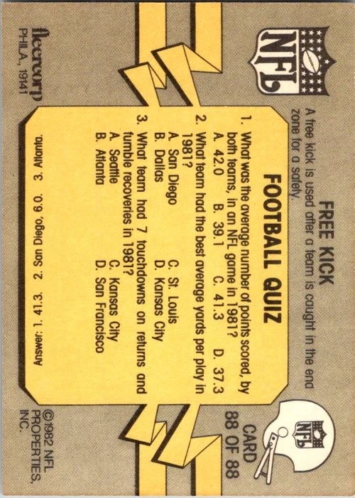 1982 Fleer Team Action #88 Free Kick - Image 2 of 2