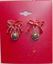 NEW XMAS HOLIDAY PIERCED EARRINGS WITH EAR WIRES BOW WITH BELL - B