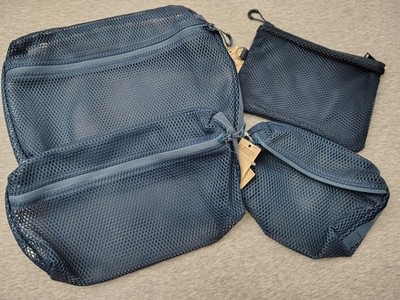 NWT MUJI Japan Navy Gusset Mesh Case All 3 Sizes & Double Two-Zipper Pouch Set