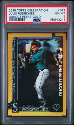 2025 TOPPS MEGA CELEBRATION DUGOUT PEEKS #DP7 JULIO RODRIGUEZ GOLD /50 PSA 9