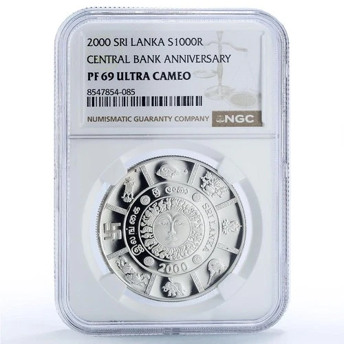 Sri Lanka 1000 rupees CBL Central Bank Sun Symbol PF 69 NGC silver coin 2000