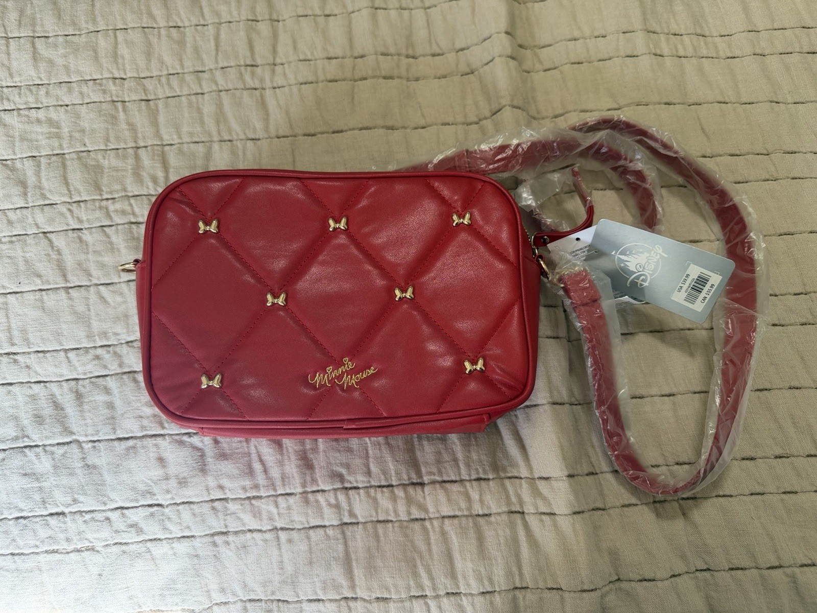 Disney Small Red Quilted Minnie Mouse Crossbody Handbag With Gold Bows NWT