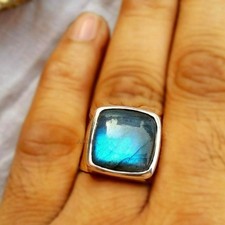 Natural Cushion Blue Labradorite Gemstone 925 Sterling Silver Signet Gift Ring