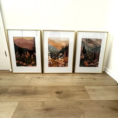 Set of 3 Gold Frames 60 x 40 cm Mountain Floral Wall Art Prints - Image 1 of 4