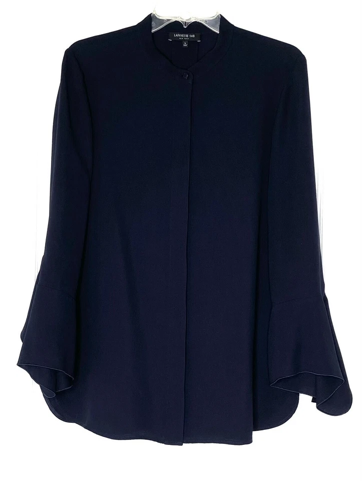 Blusa Top LAFAYETTE 148 Azul Marino Graydon Manga Larga Campana Seda Abotonada L = 12/14 Foto 2 de 4