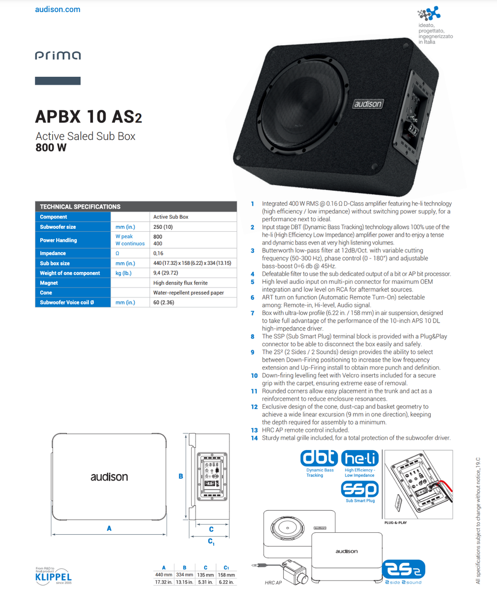 Audison APBX 10 S4S Subwoofer-Box Geschlossen - 250mm, 800W, Kompakt, Für Präzisen Bass