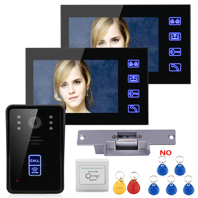 7'' Wired RFID Video Door Phone Intercom Doorbell 2 Monitors+Electric Strike Lock
