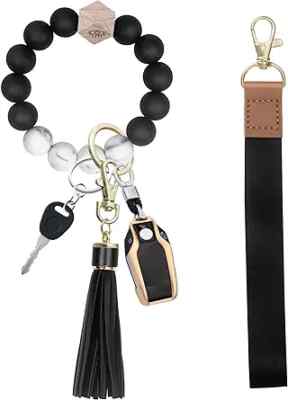  Wristlet Keychain Bracelet with Lanyard for Keys, Silicone Beaded Key Black