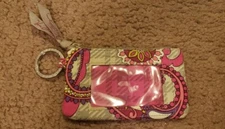 Vera Bradley Zip ID Case Card Coin Purse Bag Mini Wallet Key Chain pink/khaki
