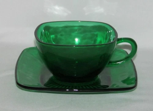 Anchor Hocking Glass FOREST GREEN "Charm" Square Cup and Saucer Set