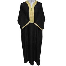 Moroccan Cotton Blend Black Gold 3-Quarter Sleeve Thobe Jubba Kandora Dishdasha