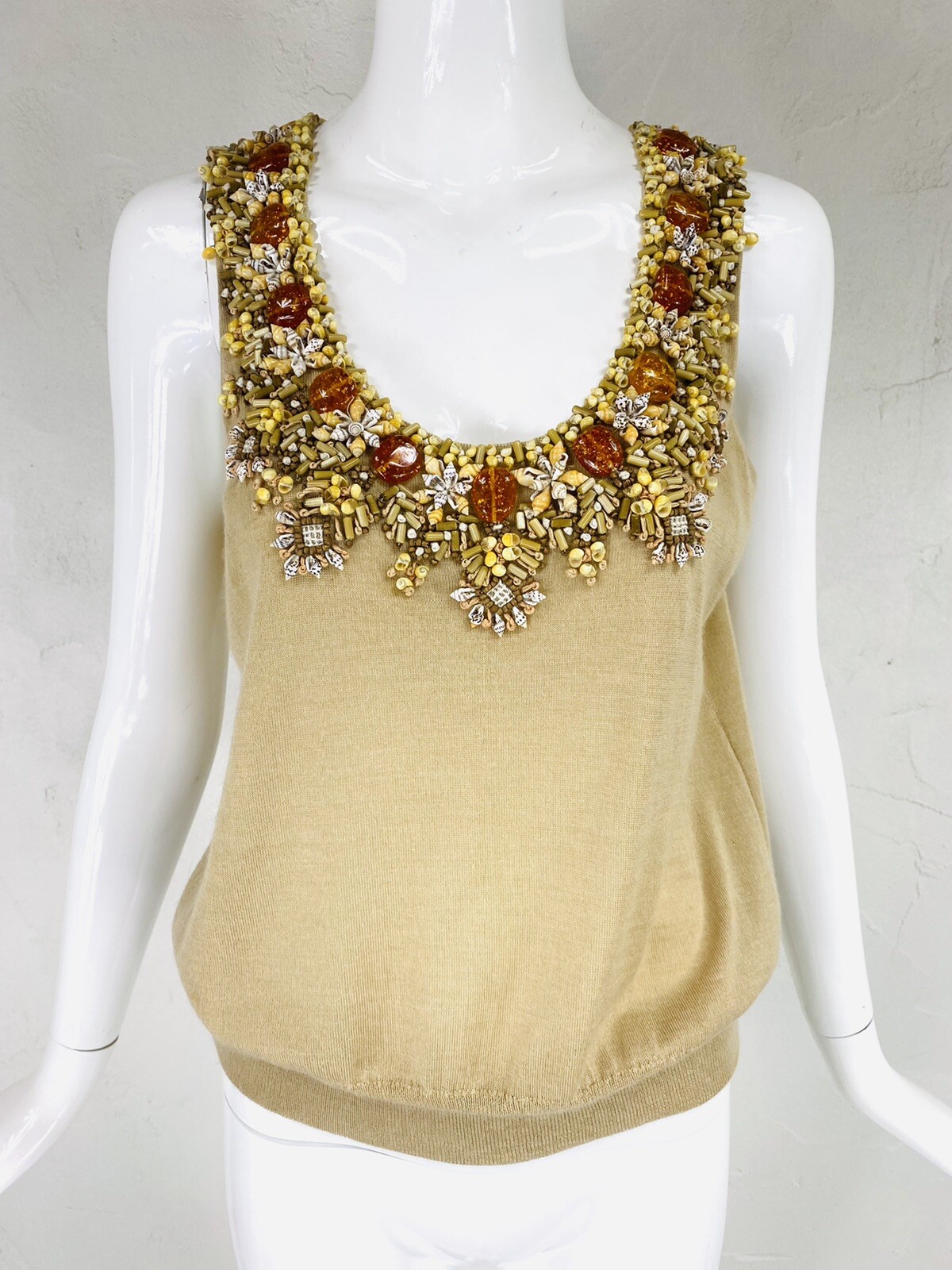 OSCAR DE RENTA Amber Beaded Beige Silk Cashmere Blend Tank Top, | eBay