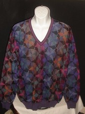 MADE IN USA MORT WALLIN MULTI COLOR GEO DESIGN COTTON BLEND V NECK SWEATER SZ. L
