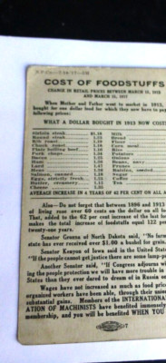 VINTAGE CARD COST OF FOOD INFLATION LABOR MACHINISTS UNION 1913 TO 1917