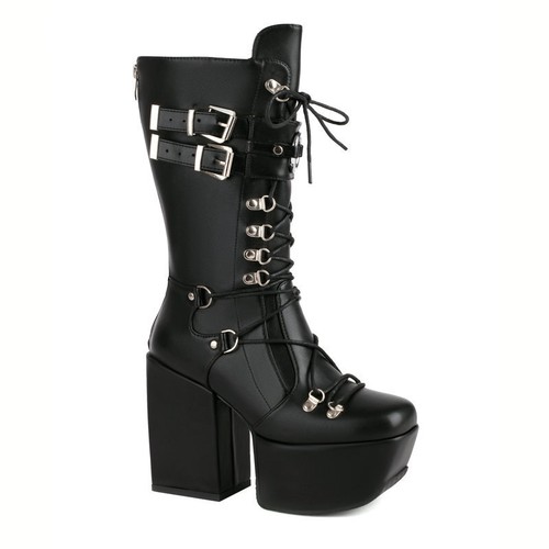Women's Autumn/winter Belt Buckle Square Toe Platform Thick Heels Mid-calf Boots - Picture 19 of 20