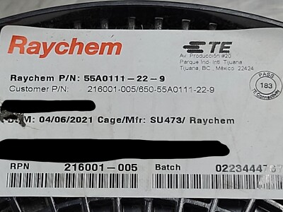 Raychem/TE 55A0111-22-9 #22awg XL-ETFE Spec 55 Hook-Up/Lead Wire White /100ft