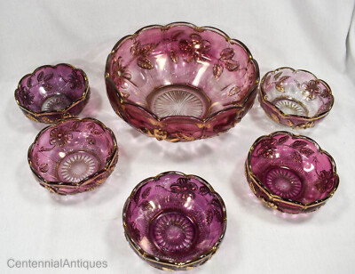 EAPG - US Glass #15161- Panelled Dogwood - Ruby Flashed - Berry Set -6 pc - 1915