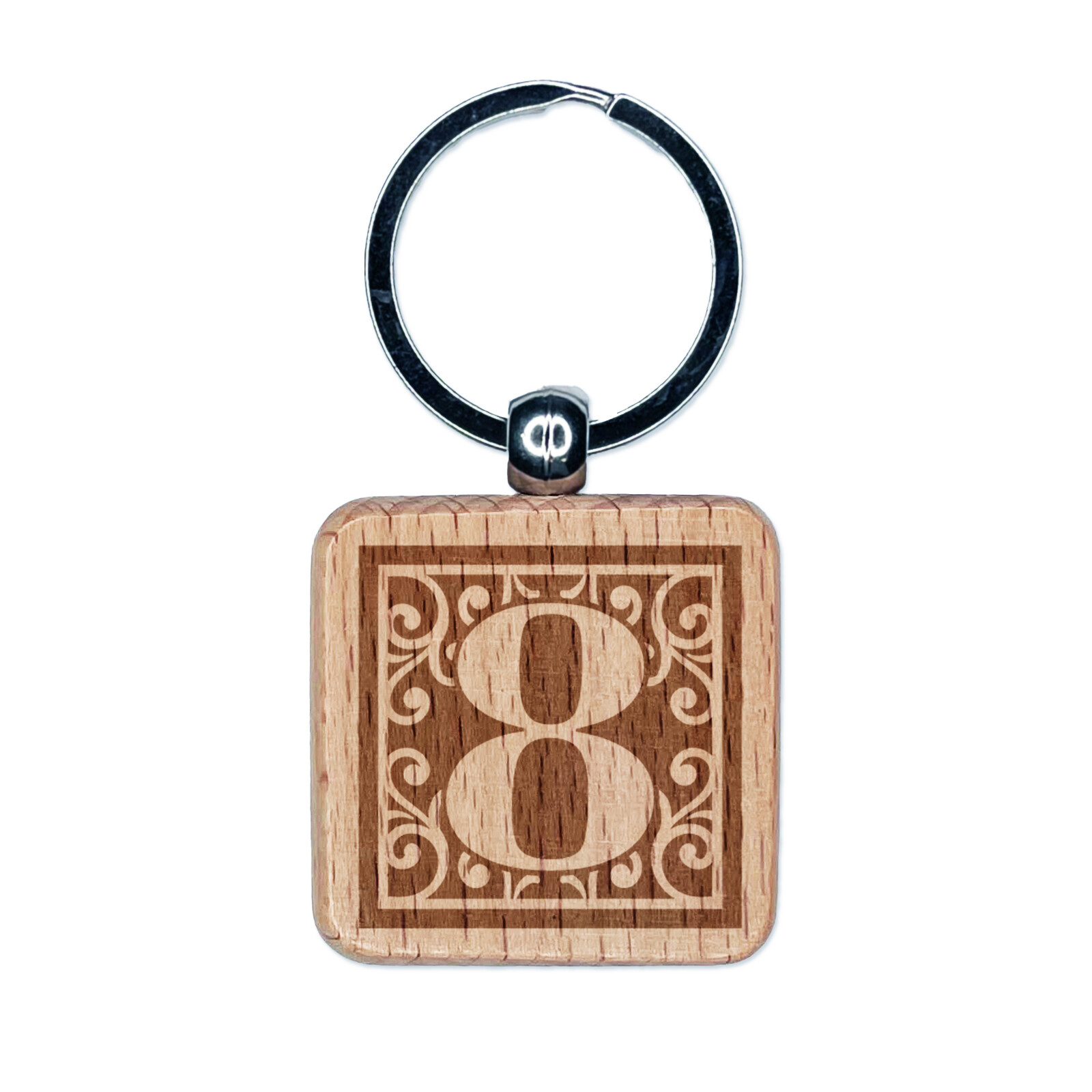 Monogram Swirls Engraved Wooden Number 8 Keychain Charm Tag