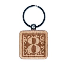 Monogram Swirls Number 8 Eight Engraved Wood Square Keychain Tag Charm