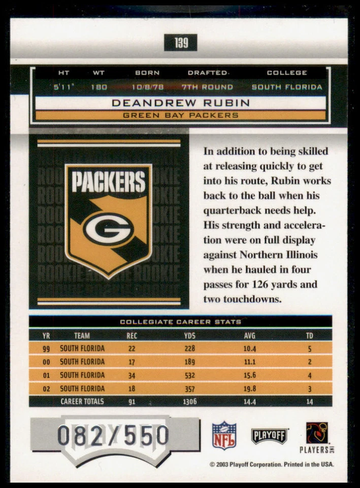 2003 Playoff Honors #139 DeAndrew Rubin #/550 - Image 2 of 2