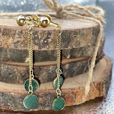 Vintage Ohrringe,Messing/vergold.,,grüne Steine an Kette,4g,L5.8cm,B-0.8cm