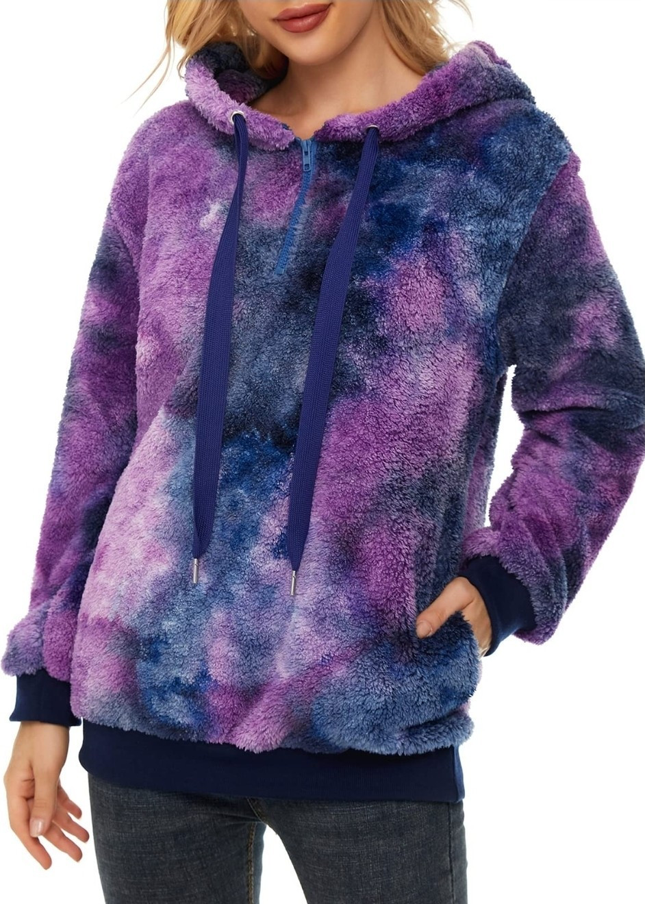 Century Star Tie Dye Fleece Pullover Hoodie Women Purple Blue Drawstring