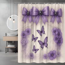 Purple Floral Shower Curtain with Butterflies and Ribbons